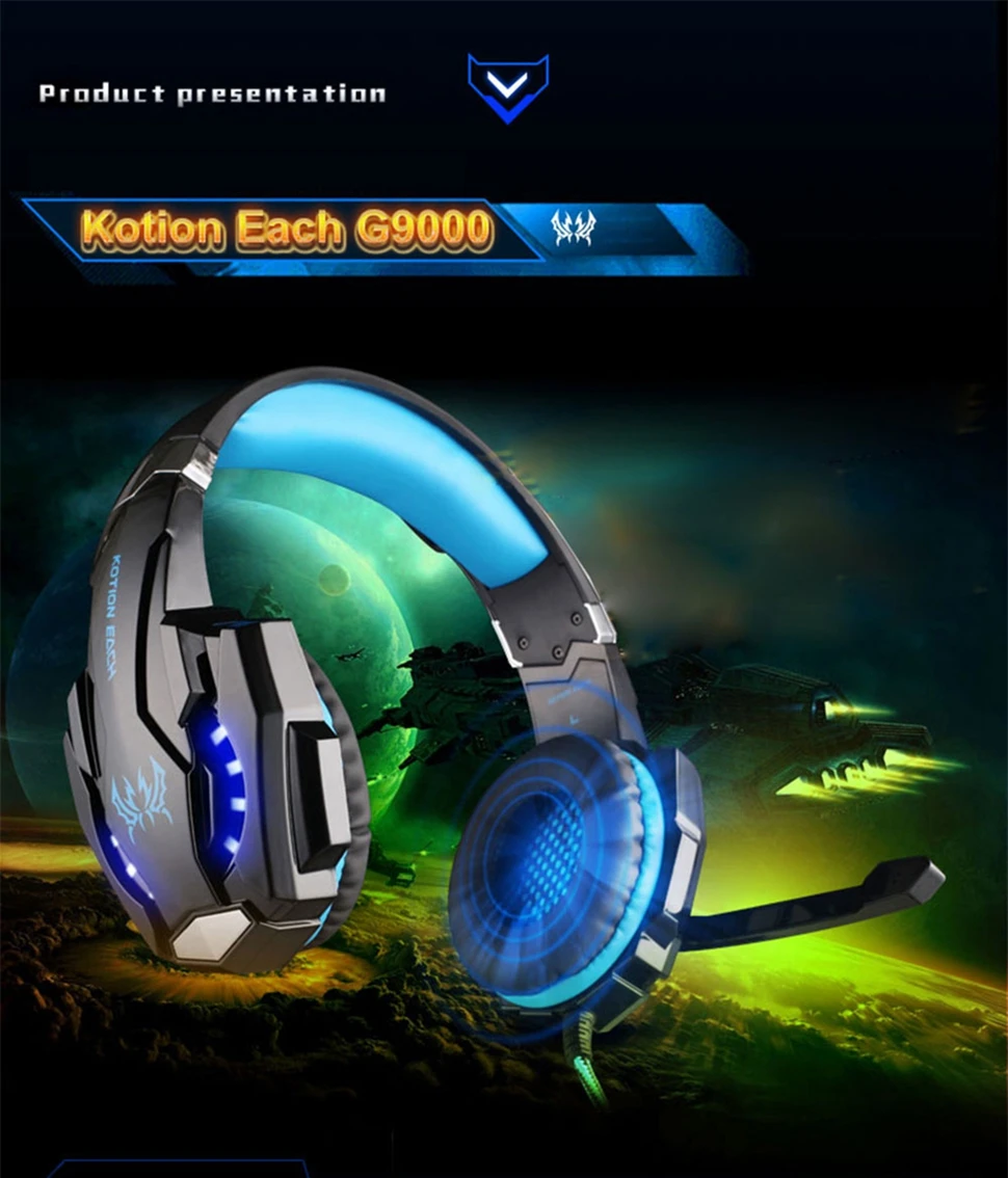KOTION EACH G2000 G9000 игровые лучшие наушники с глубокими басами, стереогарнитура для ПК, для компьютерных игр, наушники с микрофоном, светодиодный свет
