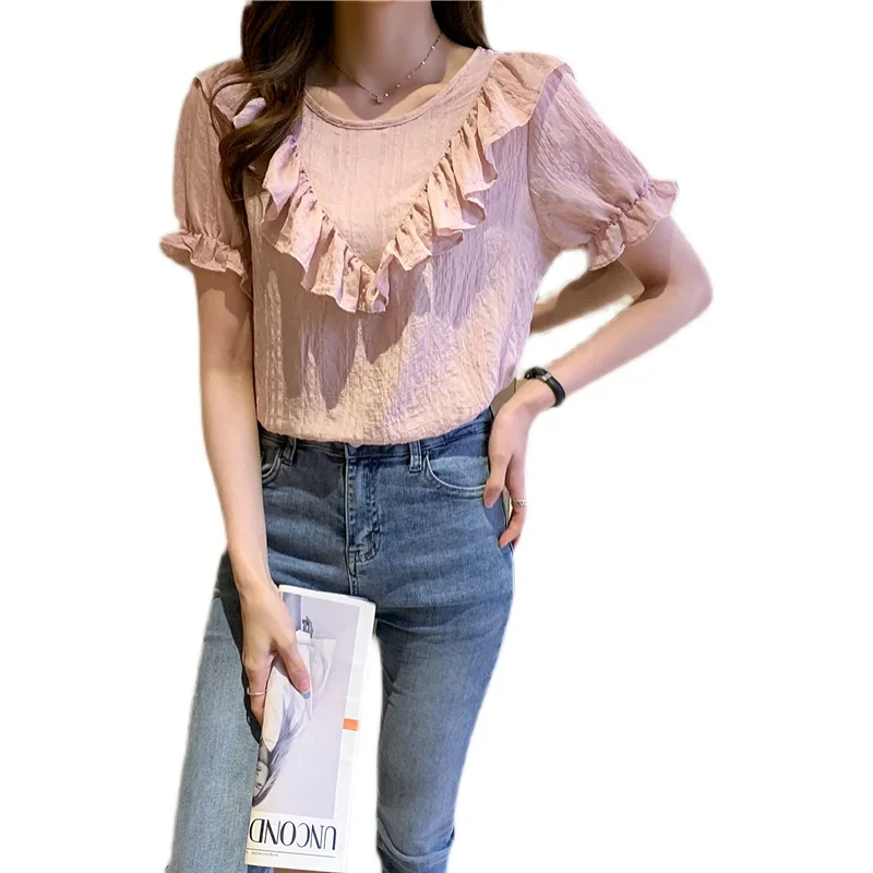 

COIGARSAM Short Sleeve blouse women New Summer Chiffon Ruffled blusas womens tops and blouses White Pale Pinkish Grey 9864