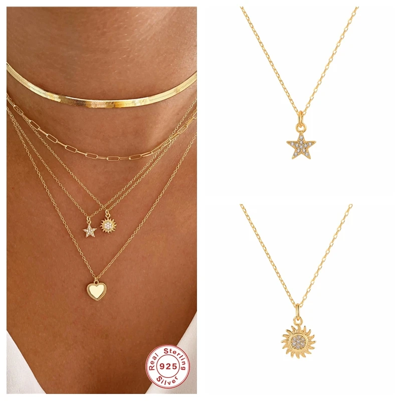 

100% Real 925 Sterling Silver Necklaces Bling Zircon Sunflower Star Pendant Necklace For Women Collares Mujer Birthday Gift