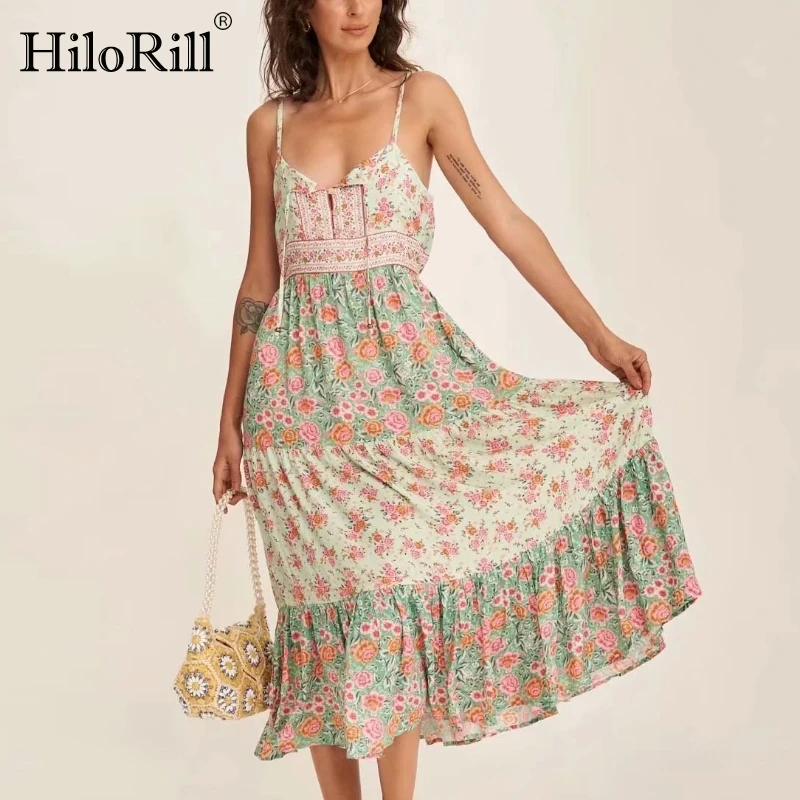 

HiloRill Sexy Spaghetti Strap Beach Dress Women Floral Print Sleeveless Holiday Summer Dress Ladies A Line Backless Midi Dresses
