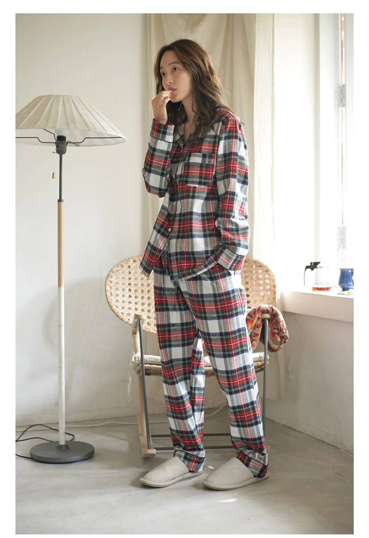 Plaid Print Couple Pajamas Set Autumn and Winte Warm Cotton Women and Men Pyjamas Long Sleeve Sleepwear Men Lounge Pijama mens cotton sleep shorts