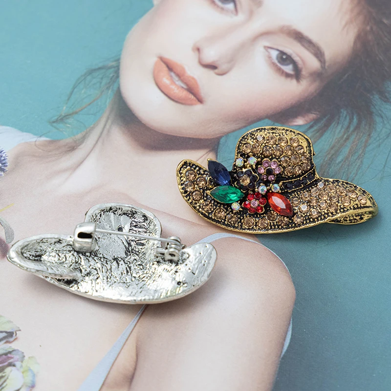 RHao Винтаж золотыми стразами Hat броши для Для женщин платье девочек пальто