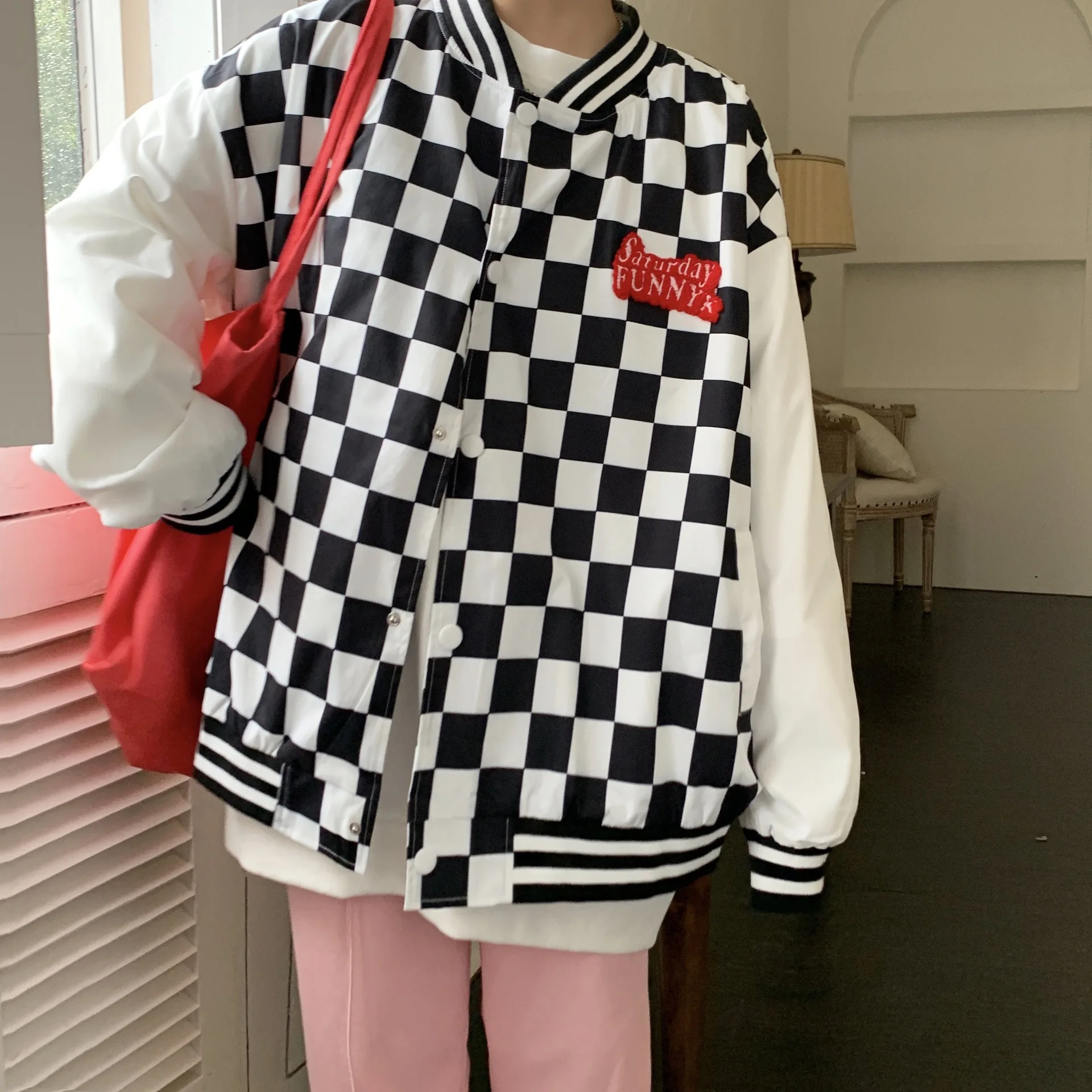 

Autumn Casual Women's Varsity Jacket Baseball Uniform,Adults Letter Plaid Stripe Pattern Stand Collar Long Sleeves Outerwear