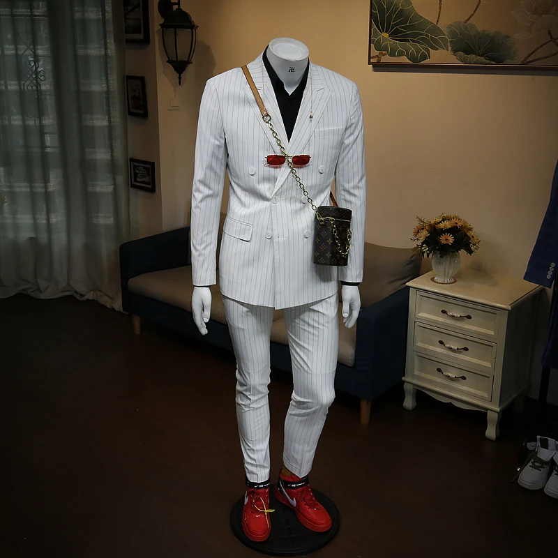 

XM geeki Spring and summer business dress Korean slim fit WHITE STRIPE Double Breasted wedding bridegroom suit