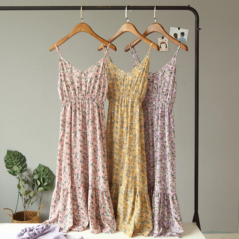 

Summer Fashion Chiffon Spaghetti Strap Dress For Women Casual V-Neck Ruffles High Waist Dress Female Floral Printed Beach Dress