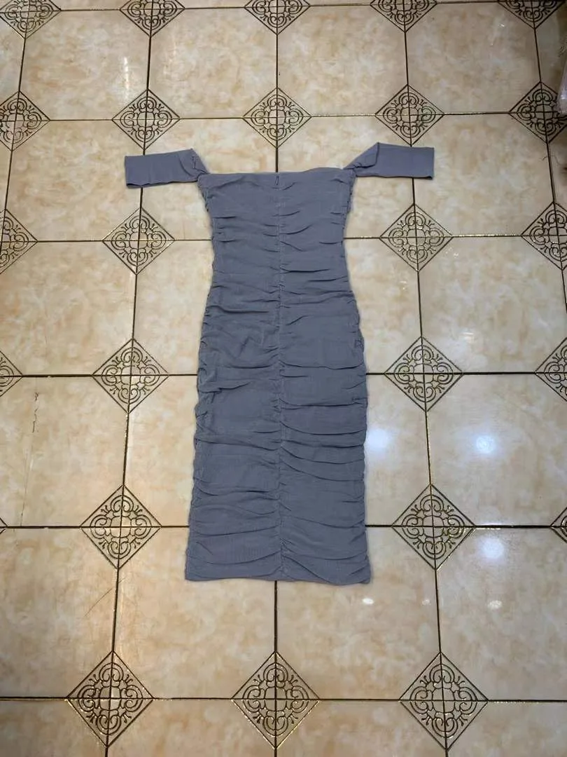

Women Summer Sexy Off Shoulder Draped Gray Midi Cotton Fashion Dress 2021 Designer Elegant Evening Party Dress Vestido