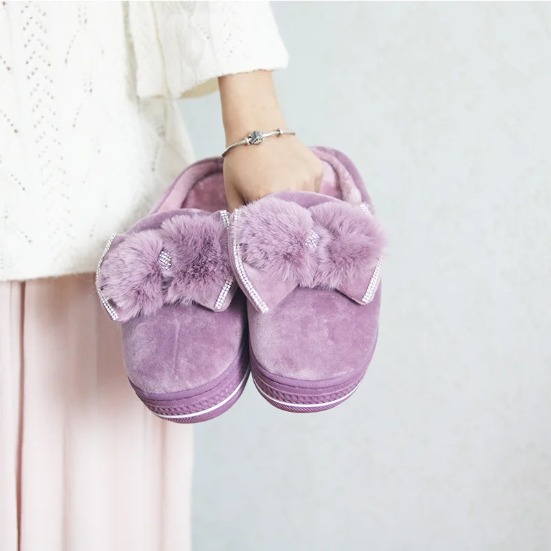 

Home Slippers Women's Slides Fur Shoes Butterfly-Knot Med Lady Fashion Flock Massage Plush Girl Luxury PU Hoof Heels Basic Fabri