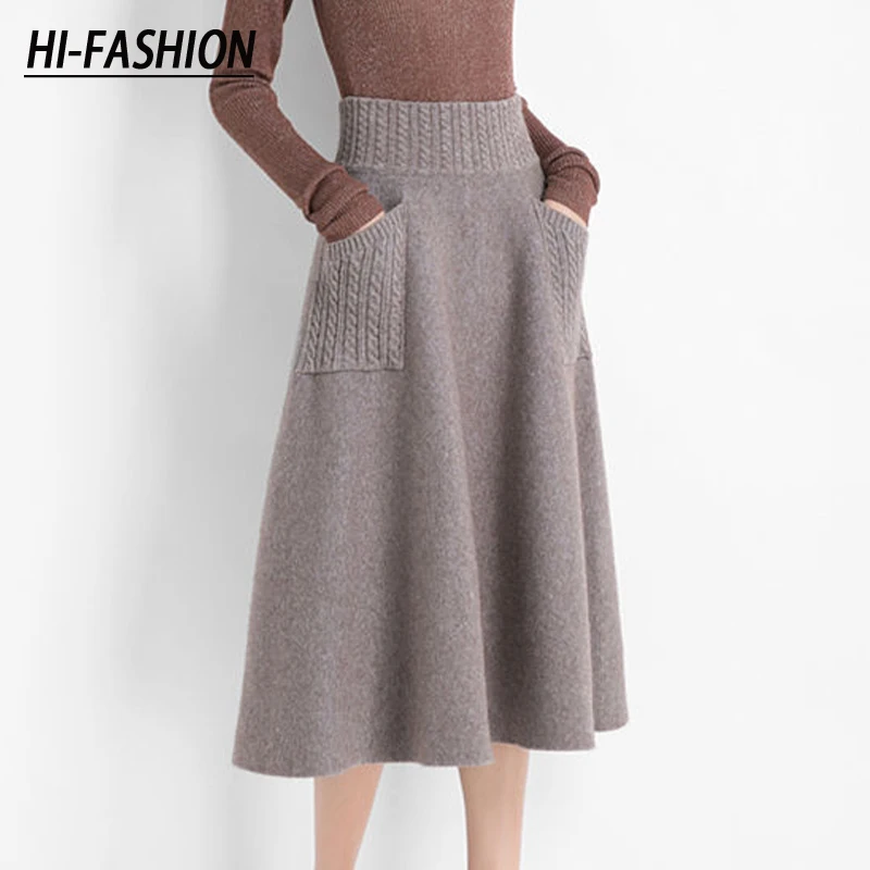 

High Waist Women Winter Wool Knitting Long Skirts Faldas Jupe Femme Saia Korean Office Ladies Vintage Black Skirt With Pocket