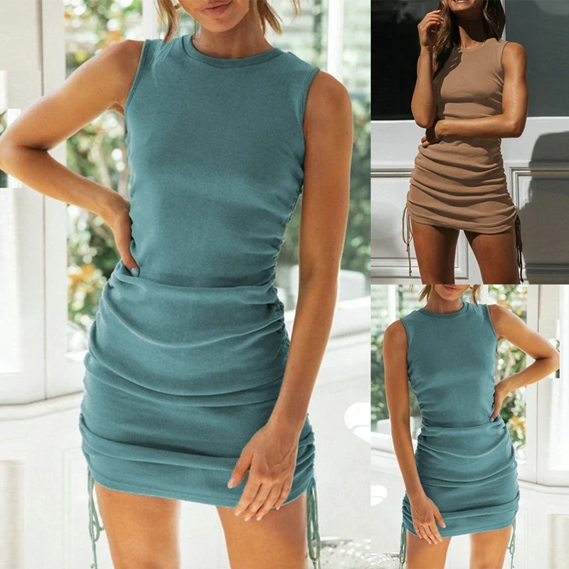 

Women's Summer Round Neck Sleeveless Slim Drawstring Ruched Dress