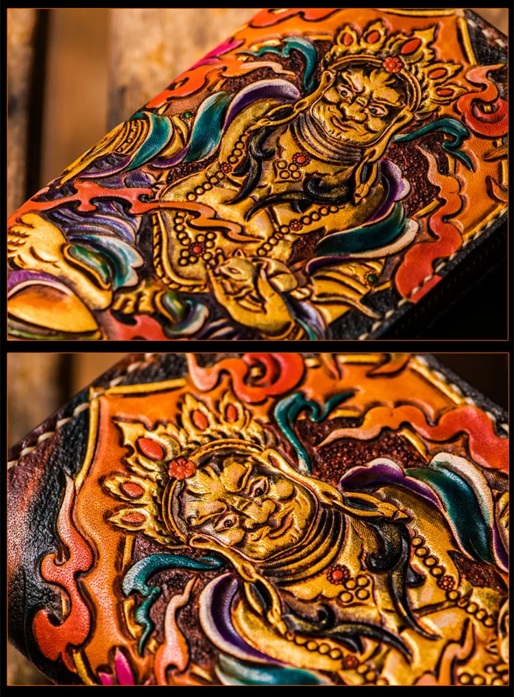 Handmade Wallets Carving the god of wealth Purses Men Long Clutch Vegetable Tanned Leather Wallet Card Holder