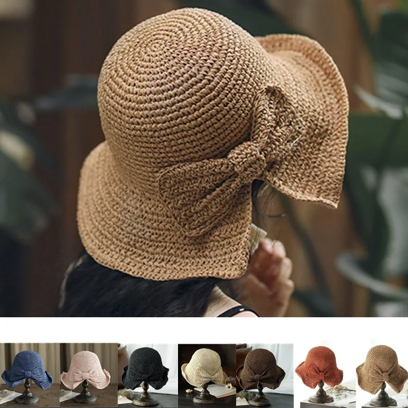 

Parent-child Raffia Bow Sun Hat Wide Brim Floppy Summer Hats for Women Beach Panama Straw Dome Bucket Hat Femme Shade Visor Hat