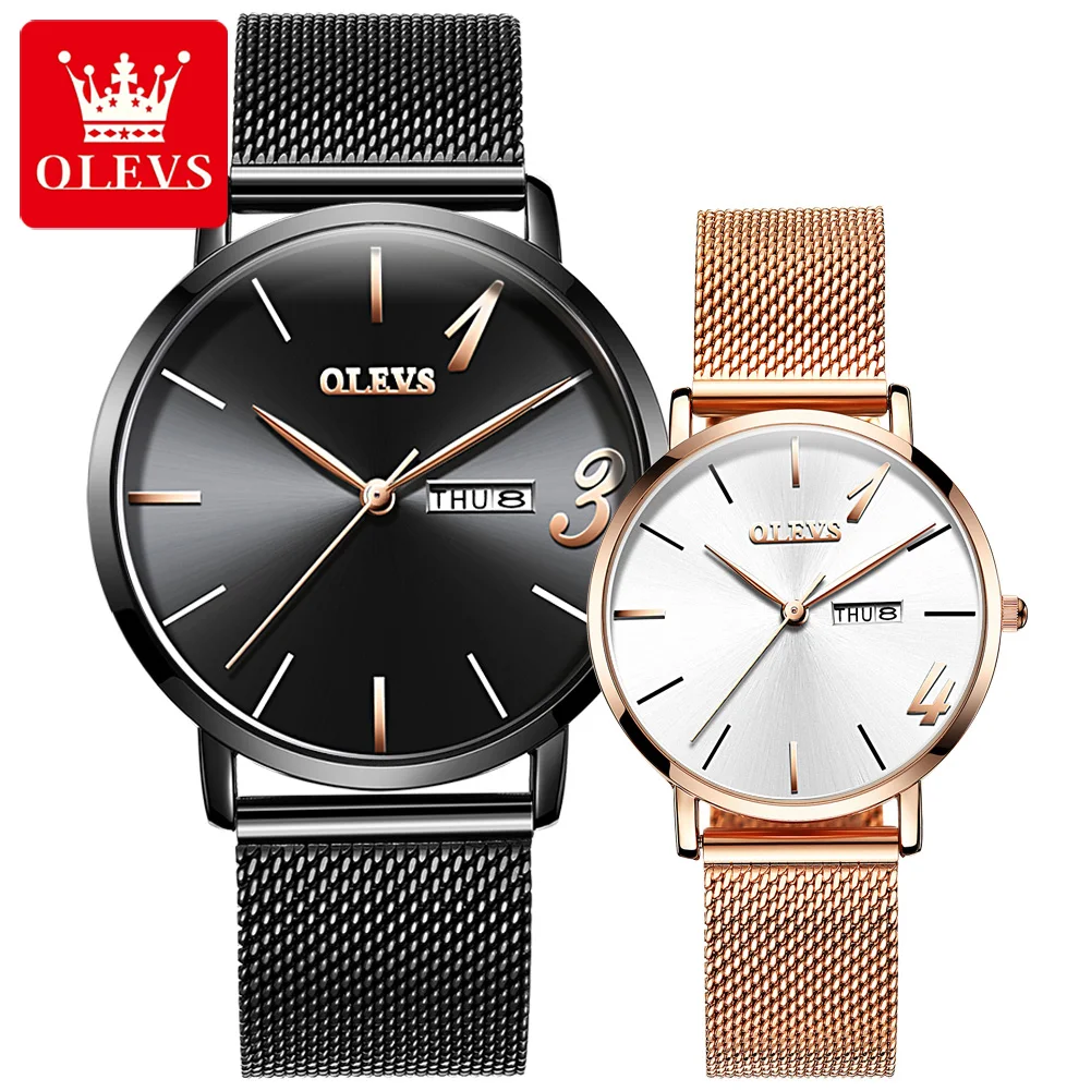 

OLEVS Couple Watch Women's Watch Luxury Gold Lady Lover Stainless Steel Week Date Quartz Waterproof Wristwatches For Men 2863