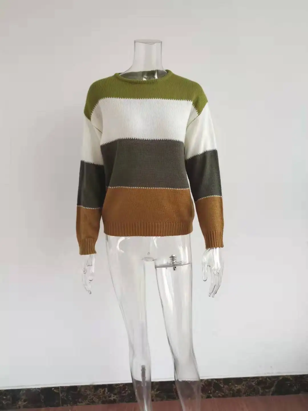 

WEPBEL Women's Patchwork Knitted Sweaters Long Sleeve Loose Autumn Outwear O-neck Pullover Warm Sweater Jumpers