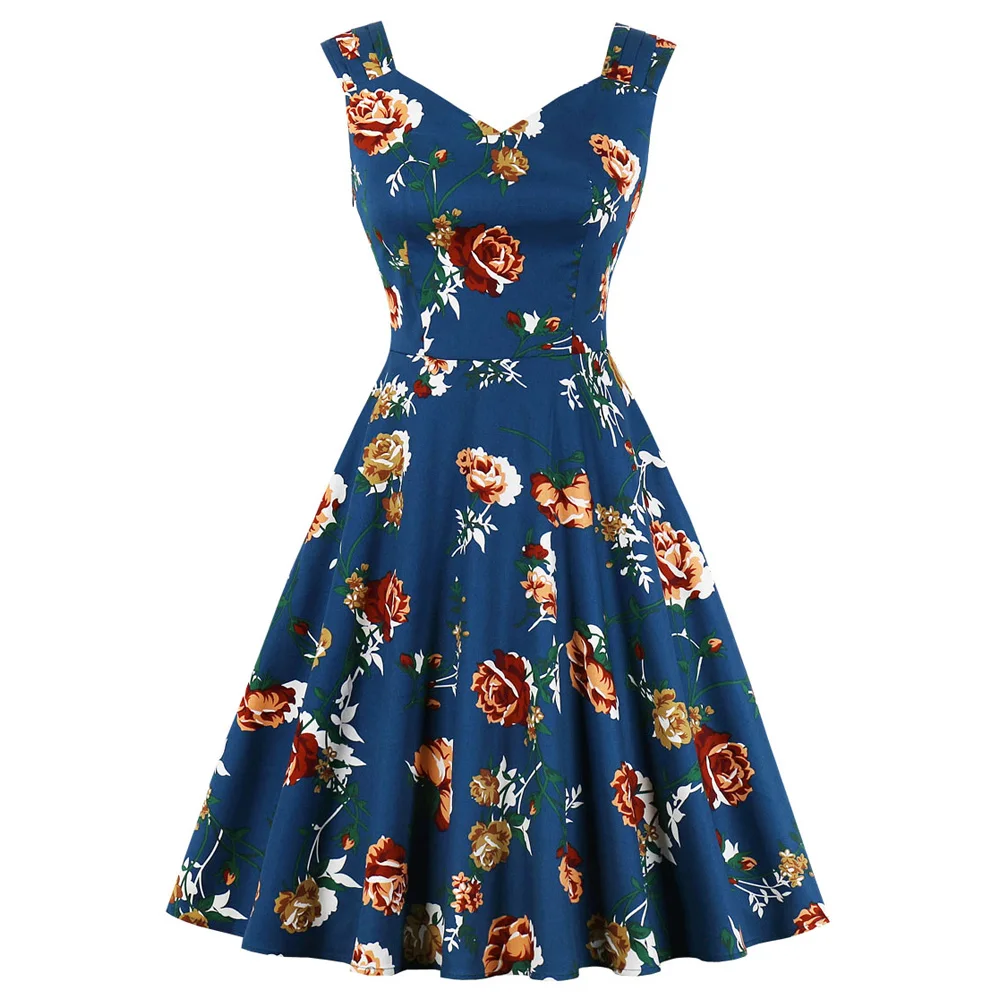 Темно синее цветочное женское летнее платье в стиле ретро элегантное без рукавов