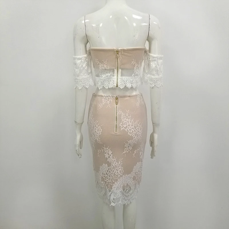 Beige Sexy Hollow Out Lace Date skirt flower Two 2 Piece Set white Bandage strapless off shoulder Casual Party Club Playsuits |