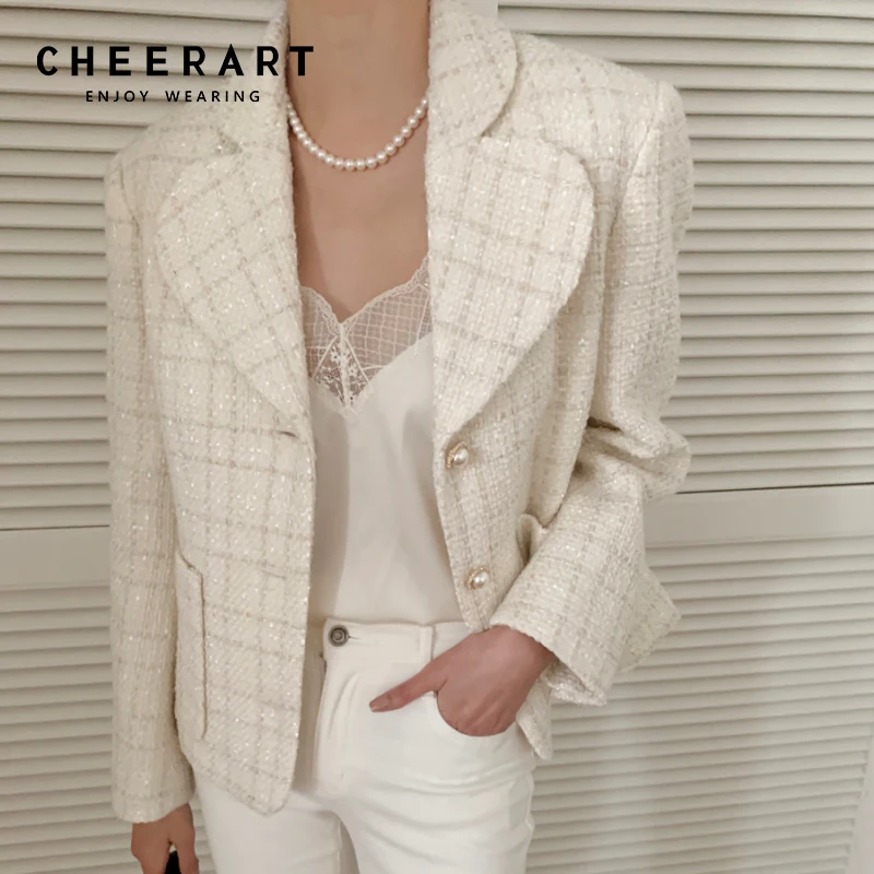 

CHEERART твидовый Блейзер корейская мода куртки для женщин 2021 бежевый черный дизайнерский Женский блейзер элегантное пальто осень 2021