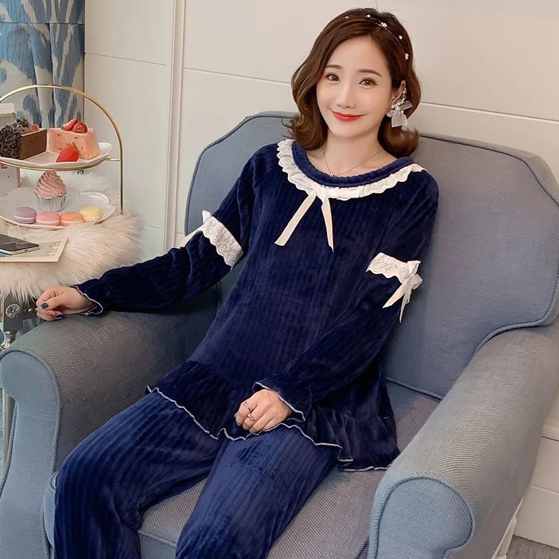 

Coral Fleece Pajamas Women Autumn and Winter Sweet and Cute Lace Princess Style Home Service Flannel Thick Warm Pajamas Suit