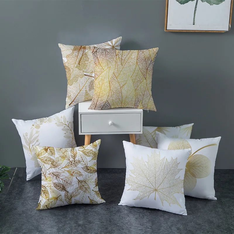

Pillowcase Gold Leaves Printed Microfiber White Throw Pillow Cushion Cover For Sofa/Bedroom Modern Decor Home Textile 45*45cm/Pc