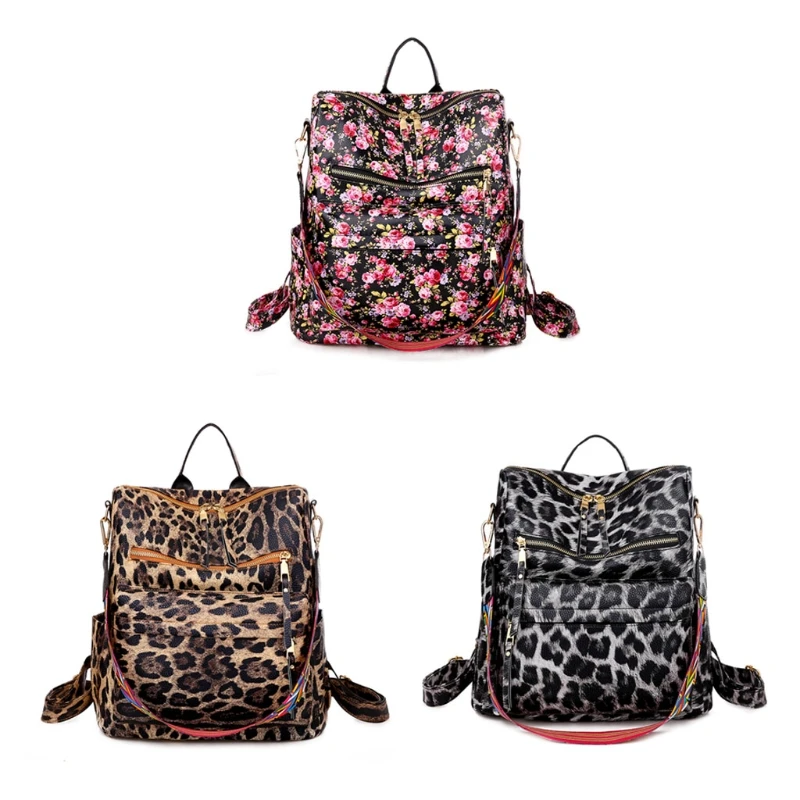 

Women Fashion Leopard Backpack PU Leather Anti-theft Daypack Large Capacity Casual Satchel Shoulder Bag for Teenager Girls QXNC