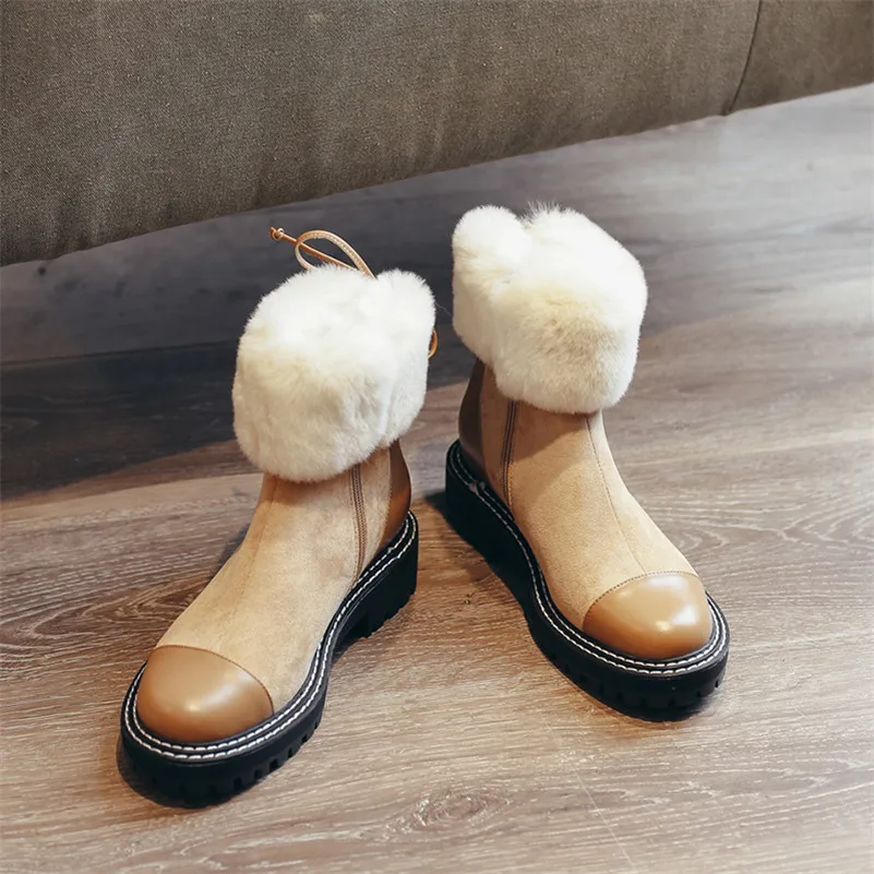 

Meotina Women Fur Snow Boots Shoes Real Leather Platform Thick Heels Short Boots Zipper Lace Up Mid Heel Warm Ankle Boots Brown
