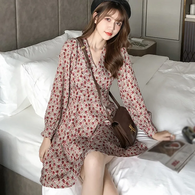 

2020 New Fashion High-waist New Slim Temperament Long-sleeved Floral Ladies Short Dress