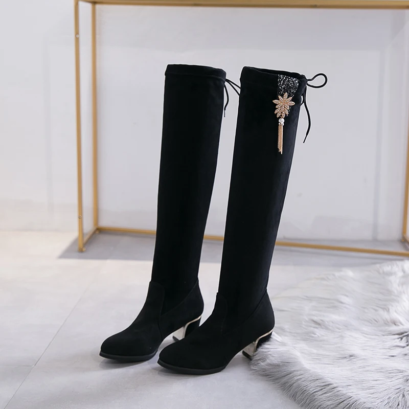 Зимние Сапоги выше колена женские эластичные тканевые чулки с эластичным бортом