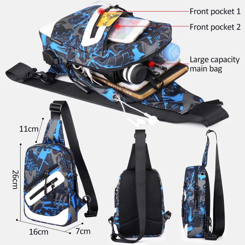 

USB charging Men's Fashion sports Chest Bag Anti-theft Men Shoulder Bags Teenager Casual male Travel Pack Crossbody for men