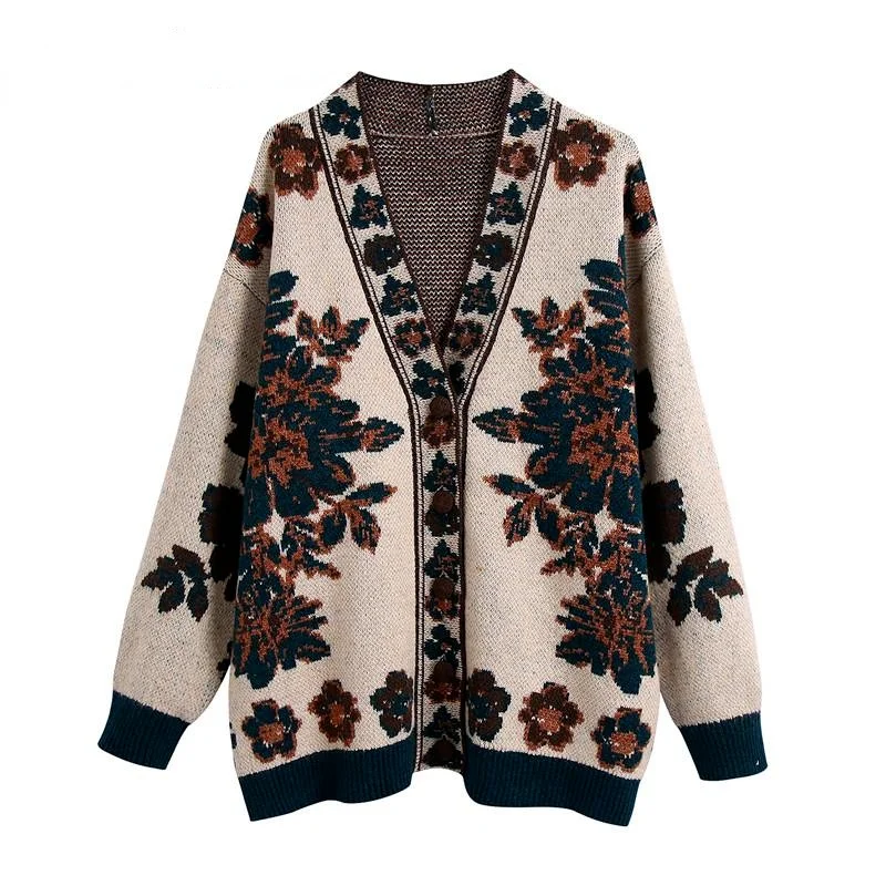 

Autumn Winter Women Floral Sweater V Neck Long Sleeve Casual Cardigan Gilet Femme Manche Longue Chandails Designer Streetwear