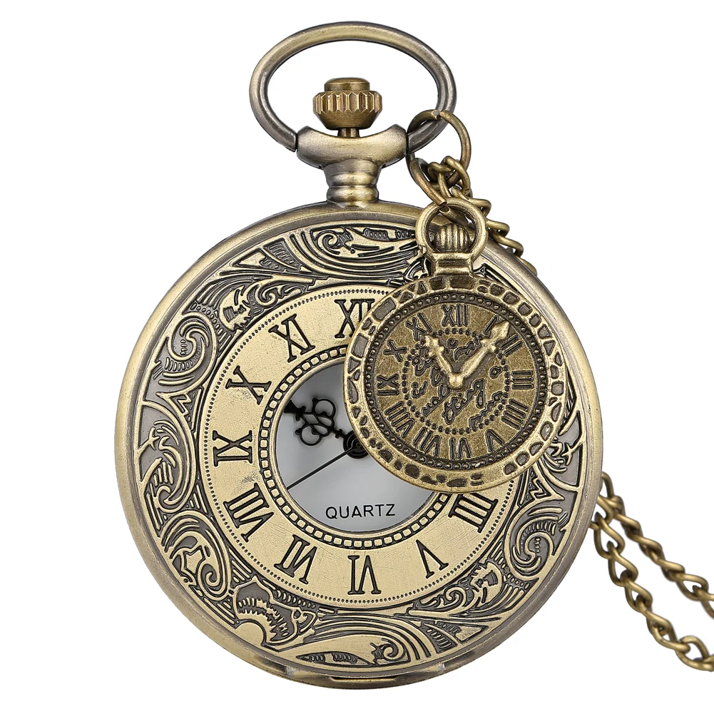 

Кварцевые карманные часы в стиле ретро, бронзовый дизайн, цепочка с подвеской, часы с циферблатом с римскими цифрами, аксессуар, чехол-карка...