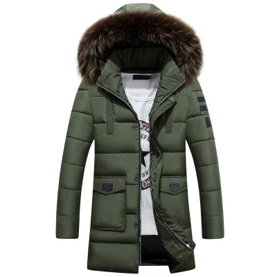 Army Green Новые Теплые Зимние куртки с меховым воротником для мужчин, толстая Мужская парка с капюшоном, Длинные пуховики, мужские парки с хлопковой подкладкой - Цвет: Army Green