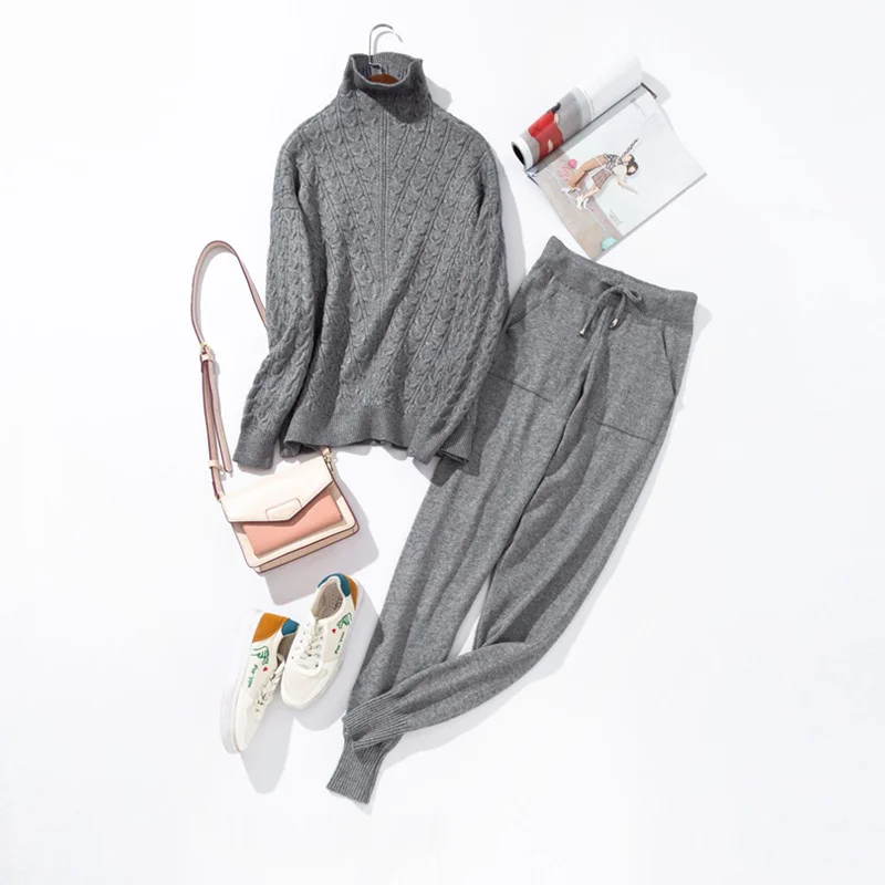 Женский спортивный костюм, вязаный комплект из двух предметов, Свободный пуловер, свитер и штаны, повседневный женский спортивный трикотажный спортивный костюм с длинным рукавом