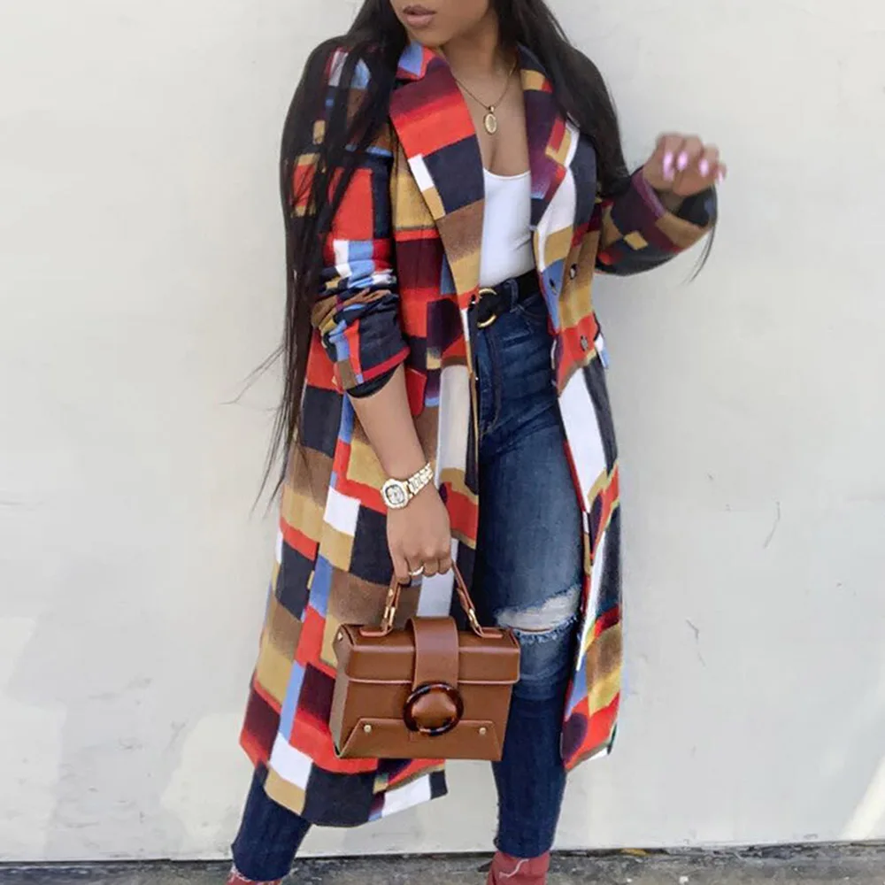 

Color Plaid Wool Coat Women Fall Winter Long Woolen Coats Plus Size Overcoat 2019 Fashion African Ladies Oversized Outerwear 3XL