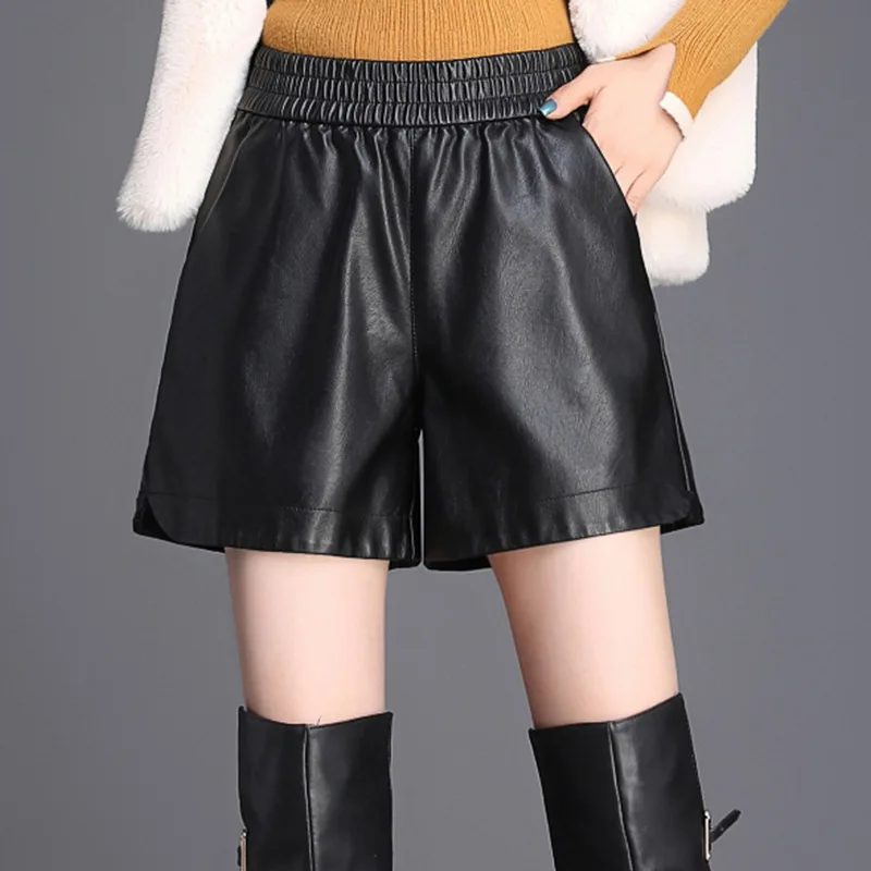 

Шорты женские из искусственной кожи с широкими штанинами, осенние свободные короткие штаны из искусственной кожи с завышенной талией, Y129