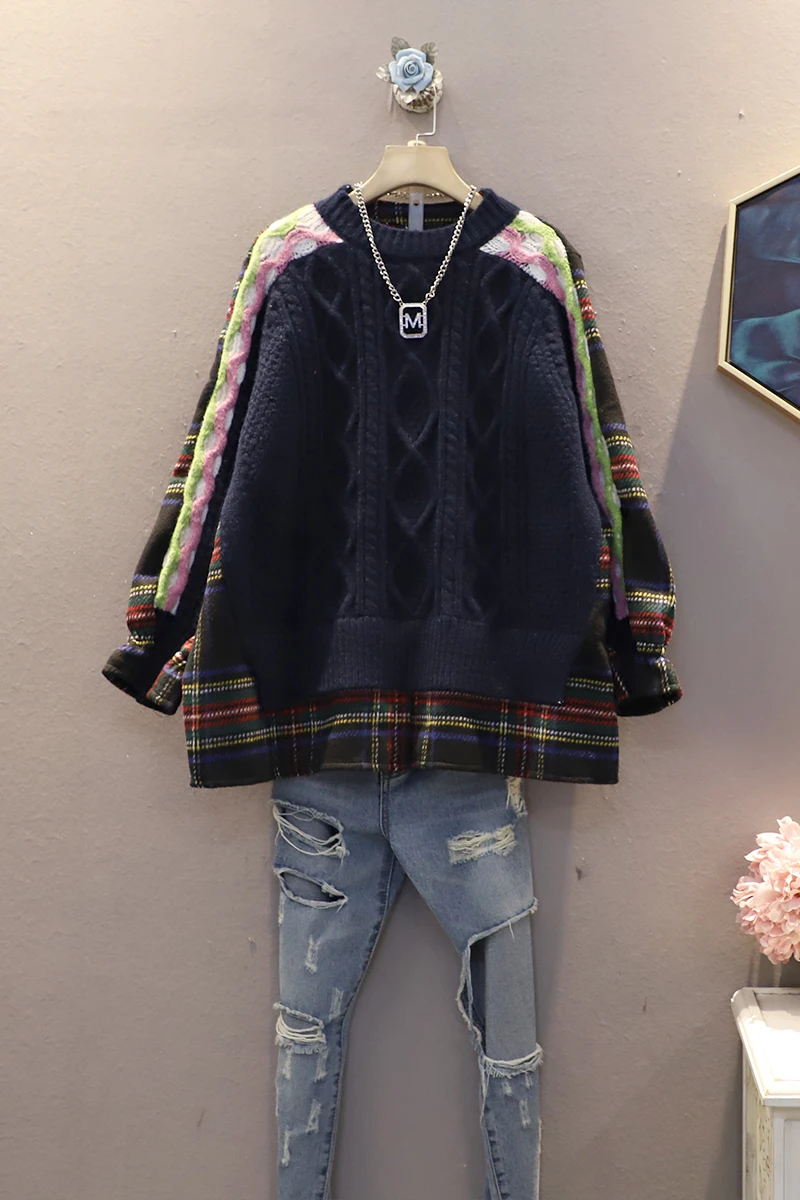

QING MO Apricot Navy Blue Women Knitted Sweater 2020 Women Plaid Patchwork Sweater Female Fashionable Sweater ZQY5522