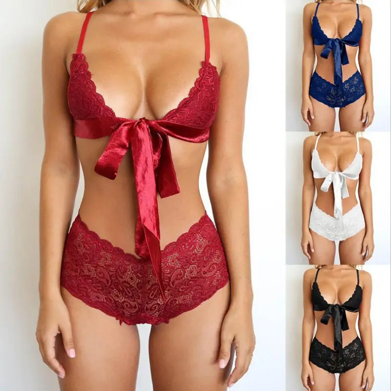 

Women Bra Set Sexy Lingerie Lace Brasserie Fashion Bow Tie Bra Brief Sets Lace Black Red Transparent Underwear Intimates