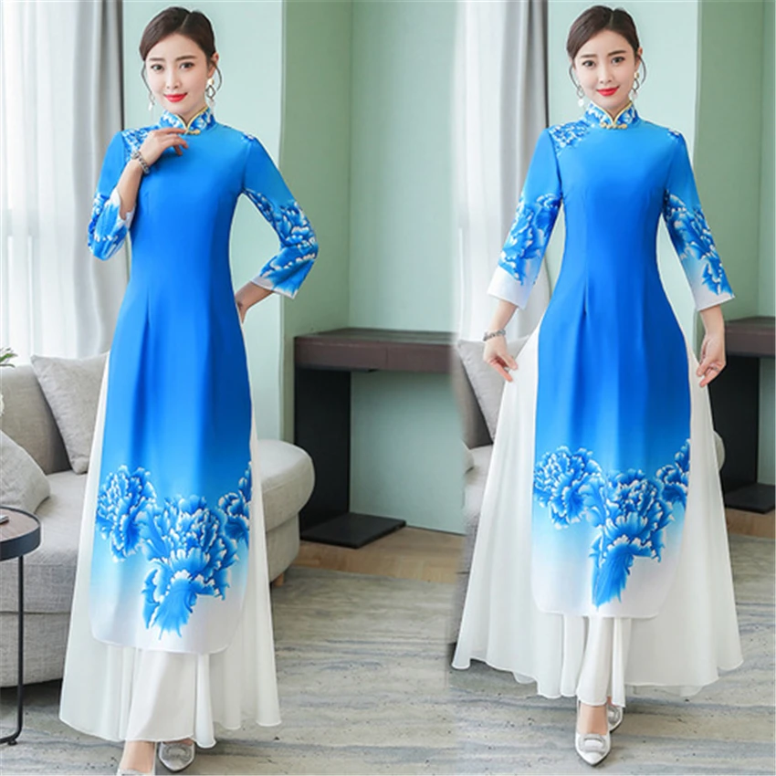 Традиционная вьетнамская одежда Aodai Vietmam одежда синий цветочный Азиатский китайский стиль Cheongsam для женщин Ao Dai Qipao платье