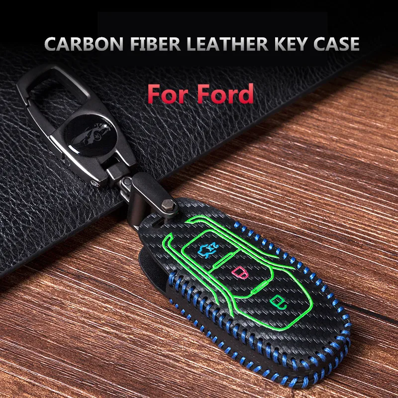 Светящиеся углеродного Фиери Кожаный Автомобильный Брелок с 3 чехол для ключей