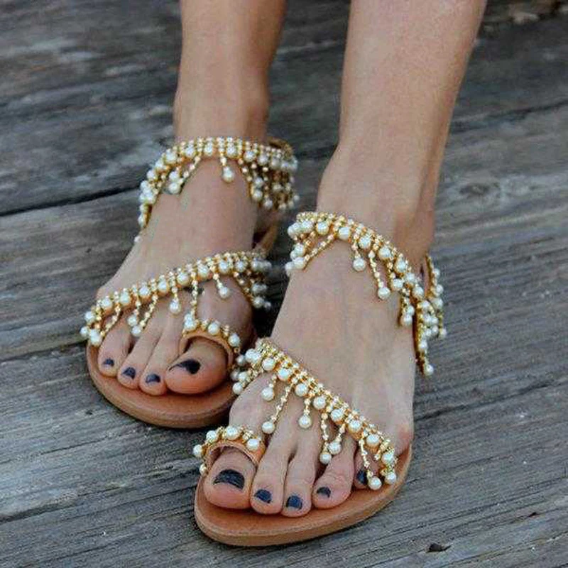 IF IFOND/женские сандалии летние на плоской подошве с жемчугом Вьетнамки Римский