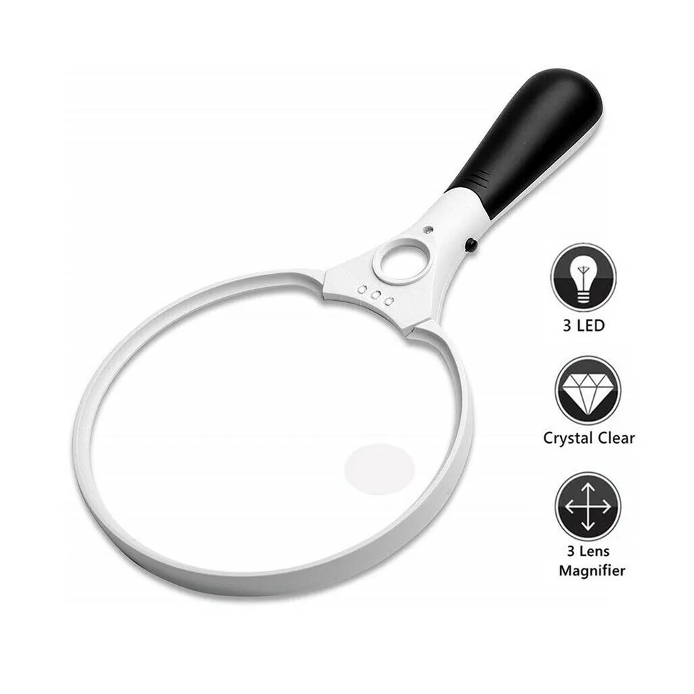 

3 LED Magnifying Glass 3 Lens Large Handheld Jewelry Loupe Magnifier Reading New