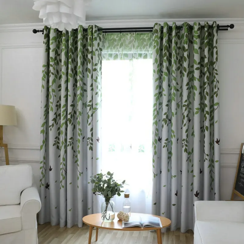 

Blackout Curtain For Living Room Leaves Birds Printed Drapes Bedroom Kitchen Balcony Pastoral Fresh Sheer for Window Decoration