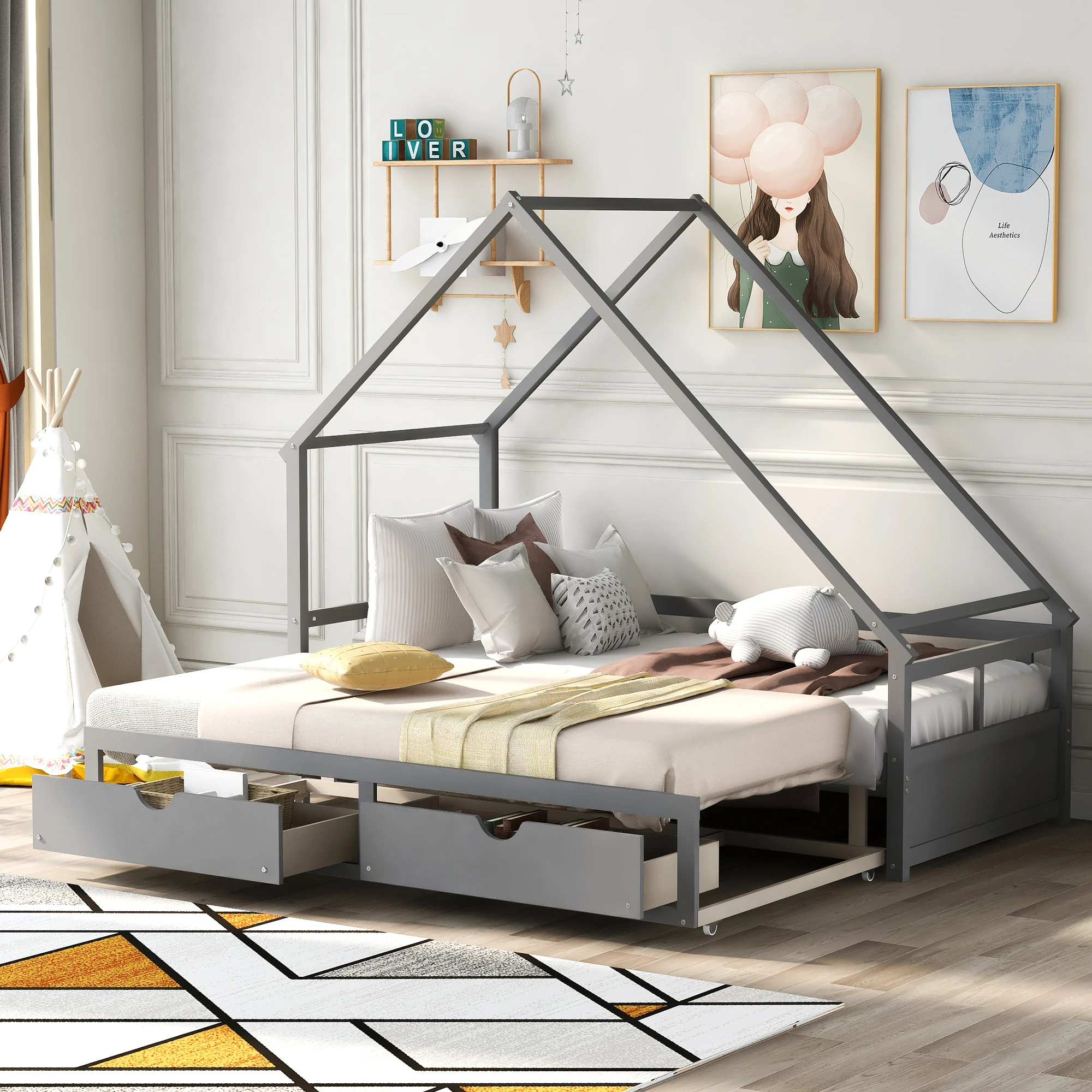 

"Extending Daybed with Two Drawers, Wooden House Bed with Drawers, Gray "