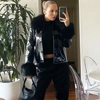 fsda 2021 autumn winter pu leather cropped jackets women black with fur faux long sleeve fashion y2k brown coat turn down casual