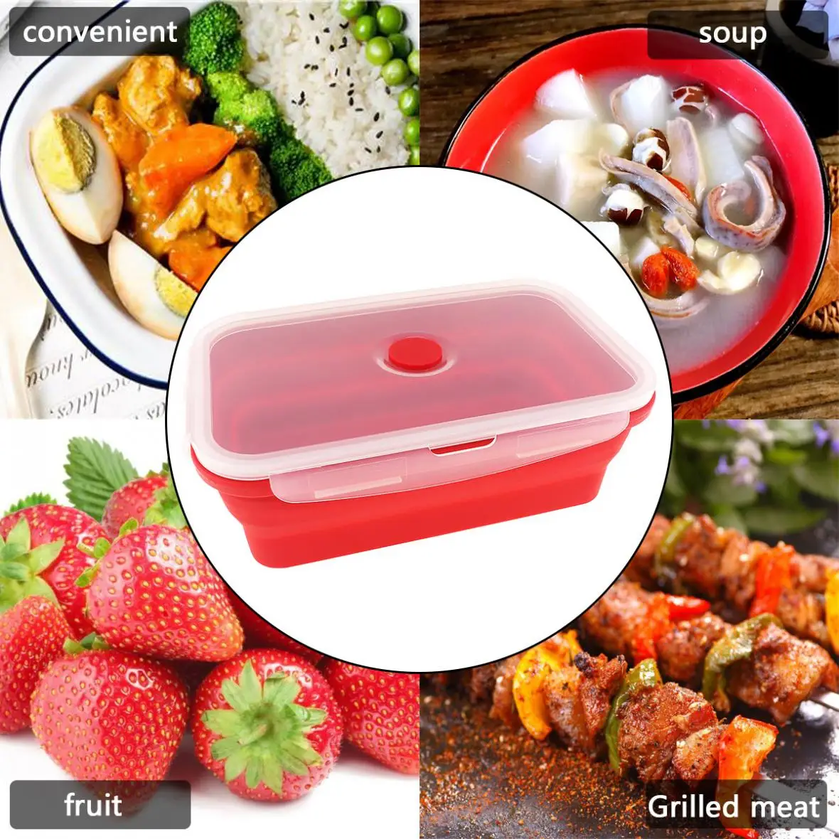 1250 мл Красная портативная коробка для завтрака прямоугольная силиконовая