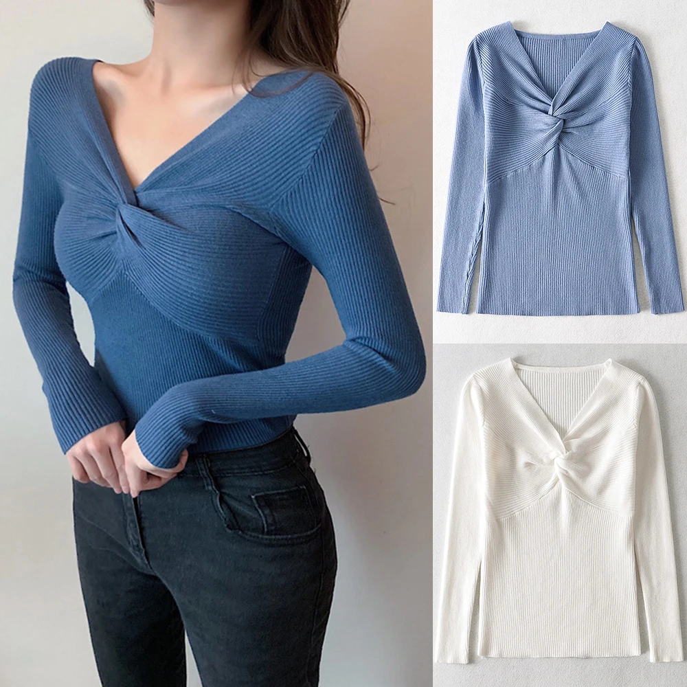 

2020 Fall Sexy Crossover Knitted T Shirts Tops Women V Neck Long Sleeve Ribbed Cropped Tshirt Casual Slim Fashion Pullover Tees