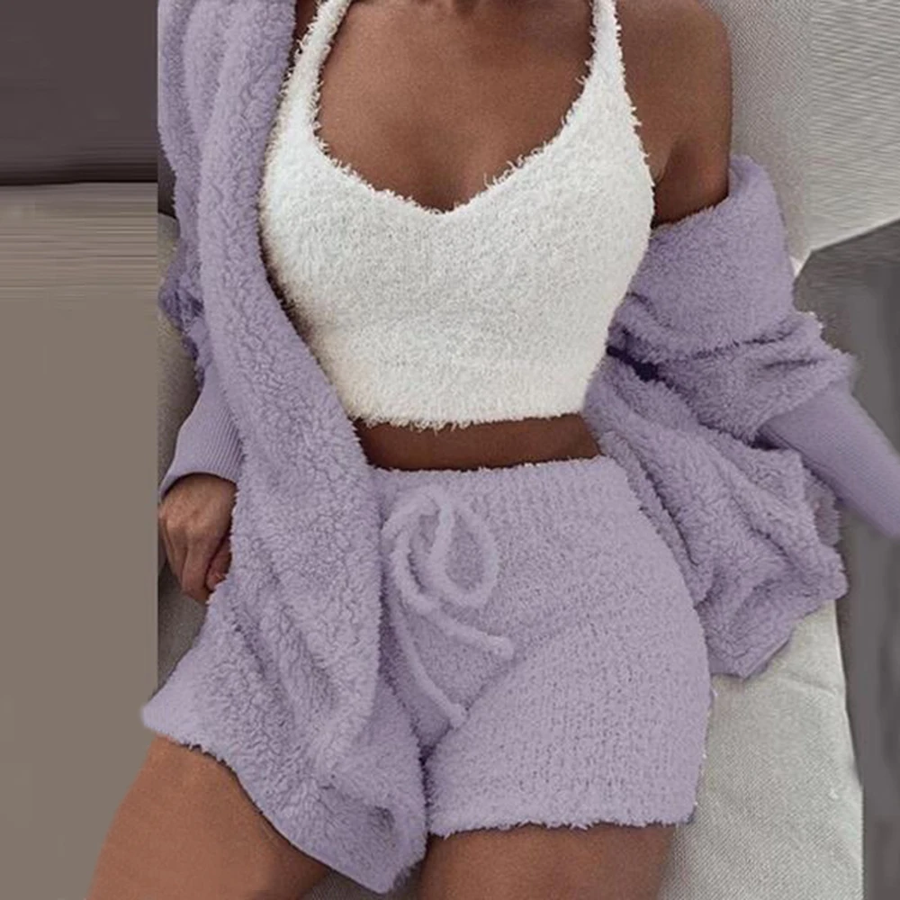 Long Plush 3-piece 2 Piece Sleeve Jacket Women Crop Top Shorts Set Suit 2019 New Female Leisure Sports Sets | Женская одежда