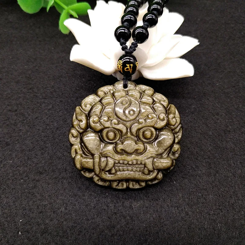 SHIYM Прямая поставка золотой обсидиан Foo Dog ожерелье с подвеской в форме головы