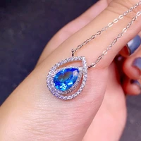 925 new fashion pendant necklace drop shaped temperament simulation sea blue topaz full diamond clavicle chain for women jewelry