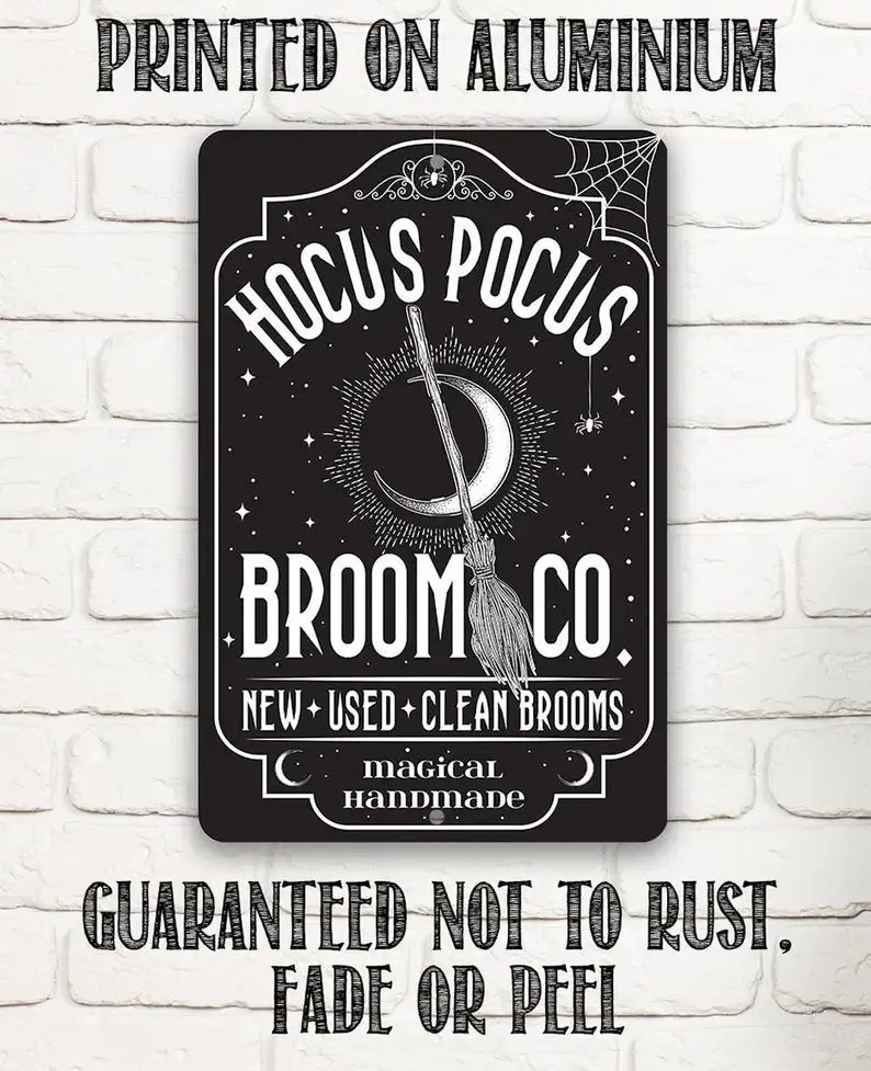 

Tin - Hocus Pocus Broom Co - Metal Sign - 8"x12" or 12"x18" Use Indoor/Outdoor - Great Witch Halloween and Fall Home Decor