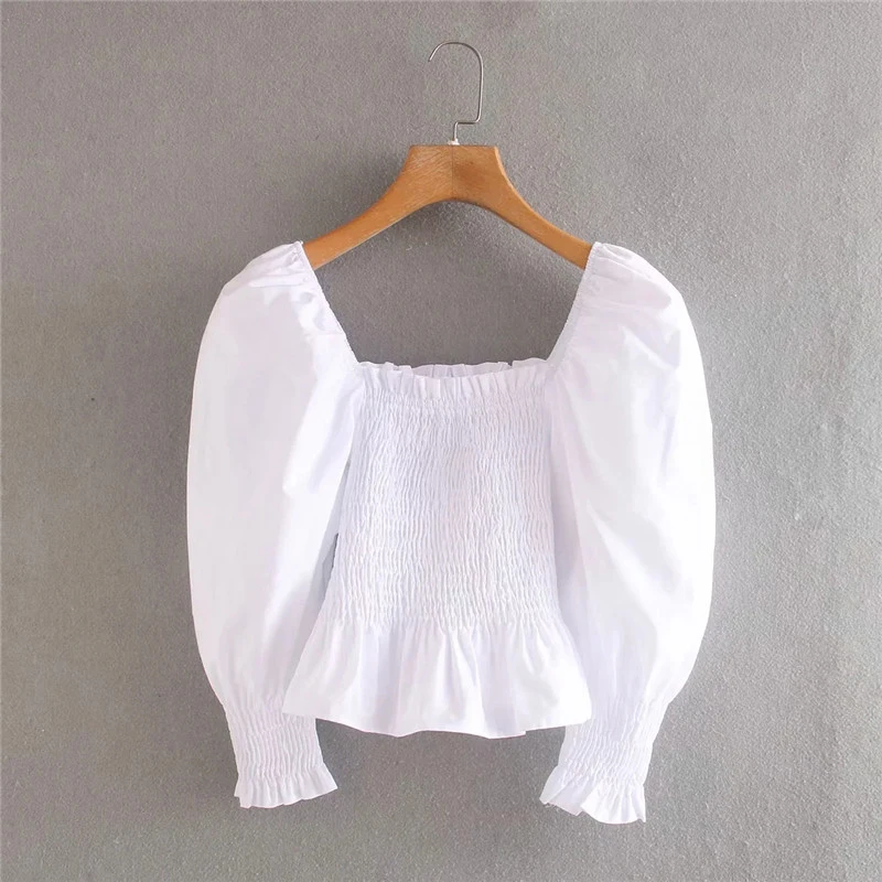 Женская короткая блузка za белая эластичная с пышными рукавами и оборками