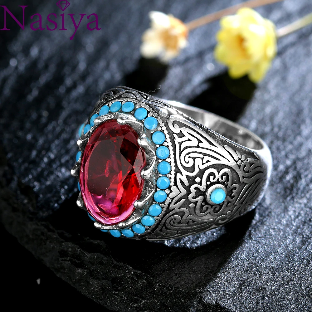 

S925 Silver Retro Ring Oval Ruby Zircon Stone Ring Red Gemstone Vintage Jewelry Male Thai Silver Turkish Jewelry Gifts Wholesale